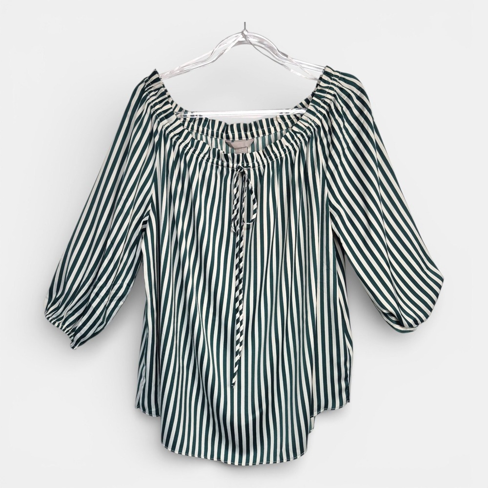 H&M Womens Sz 10 Green White Striped Off Shoulder Blouse Tie Neck Puff Sleeve